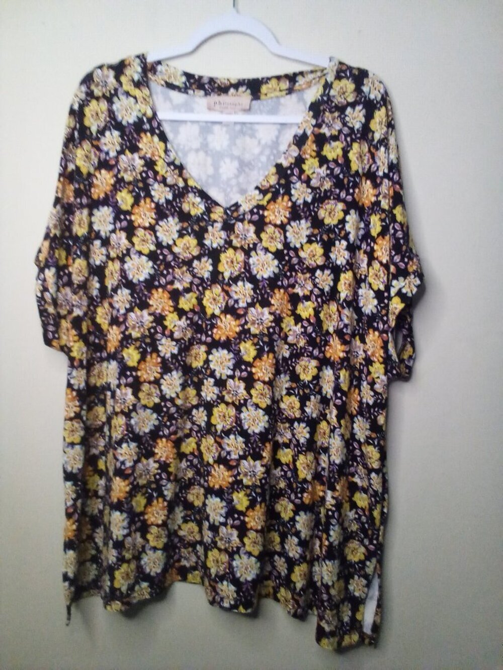 Philosophy Blouse Women 2X Short Sleeve Soft Stretch Floral Black Yellow